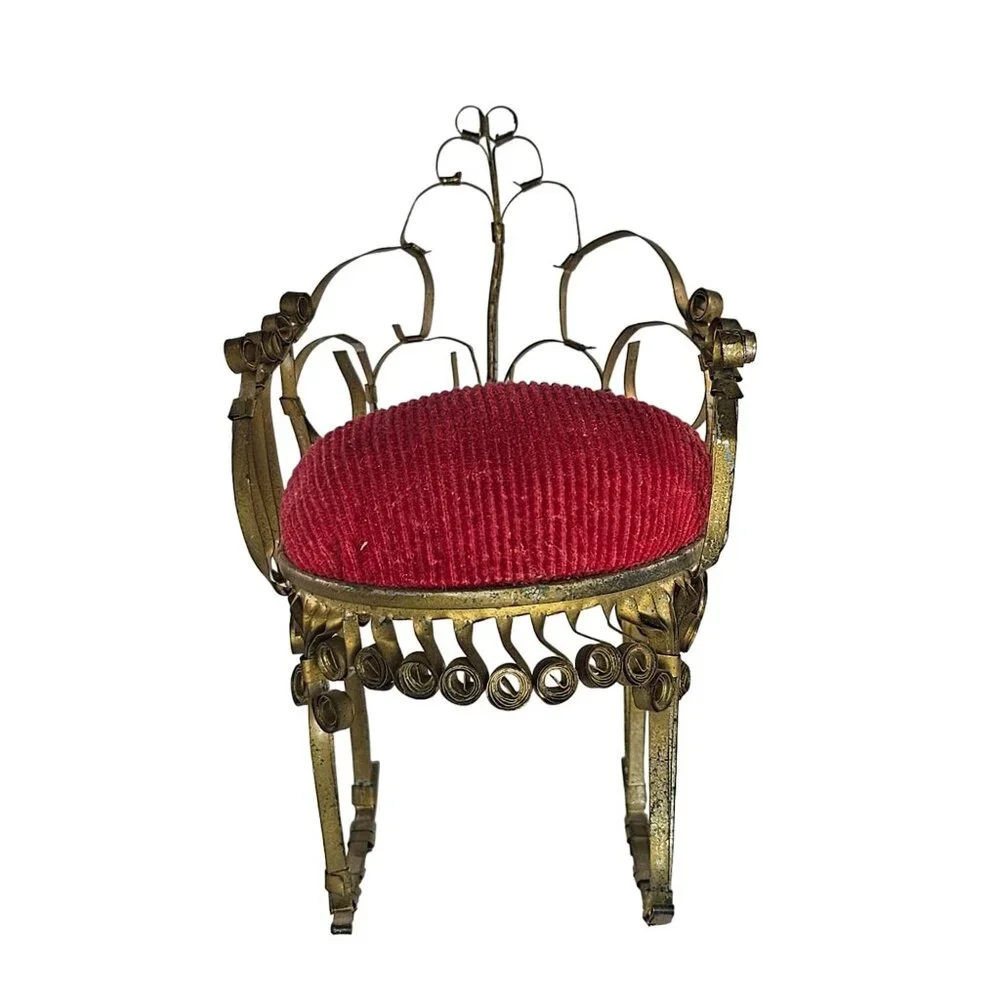 Vintage Pin Cushion Rocking Chair Red Tin Can Folk Tramp Art Dollhouse Kitsch - Picture 1 of 8